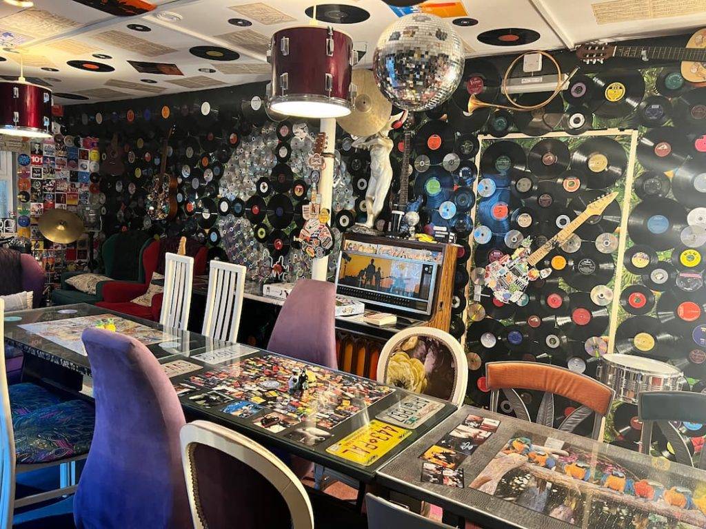 Restaurant Decorated With Records On The Walls
